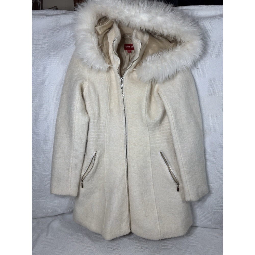 Guess Women's Fur Hooded Wool Blend Cream Long Jacket Size Xs No Belt
